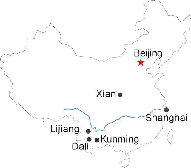 Beijing Xian Kunming Dali Lijiang Shanghai 13 Day Tour Route overview