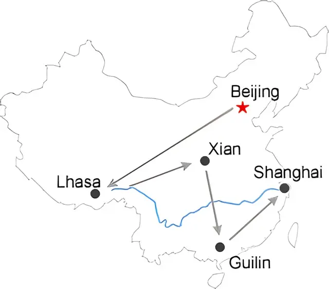 Beijing Lhasa Xian Guilin Shanghai 13 Day Tour Route overview