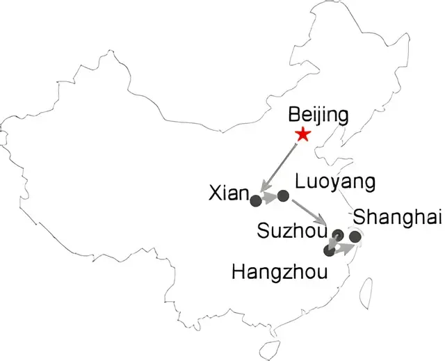 Beijing Xian Luoyang Suzhou Hanzghou Shanghai 12 Days Train Tour Route overview