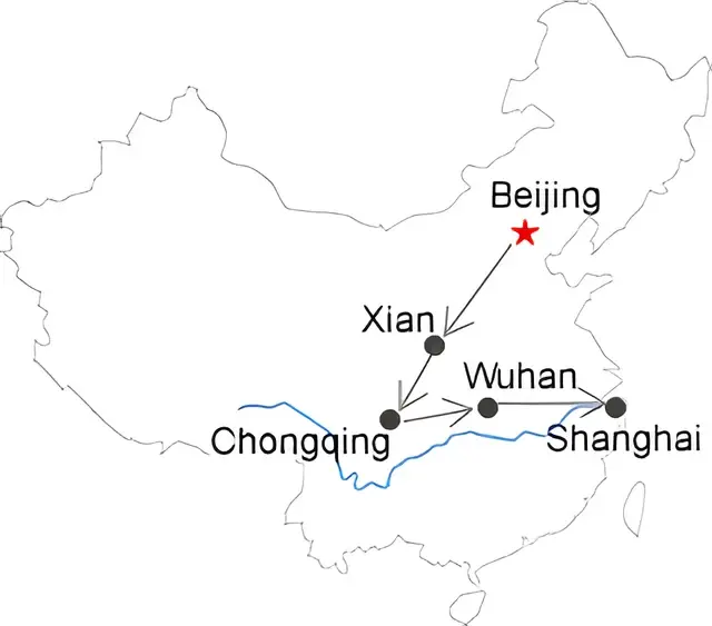 Beijing Xian Chongqing Yangtze Wuhan Guilin Shanghai 15 Day Tour Route overview