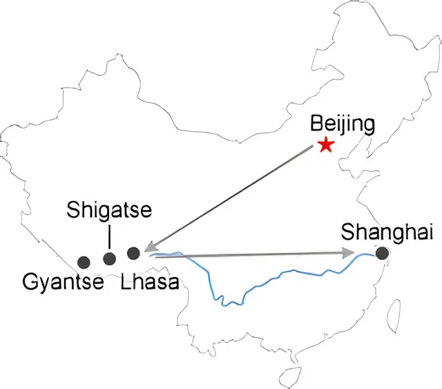 Beijing Lhasa Gyantse Shigatse Shanghai 12 Day Tour Route overview