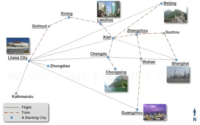 Skatch map of Air & Train Routes to Lhasa