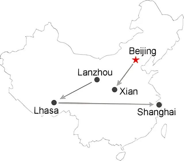Beijing Xian Lanzhou Lhasa Shanghai 14 Day Tour Route overview