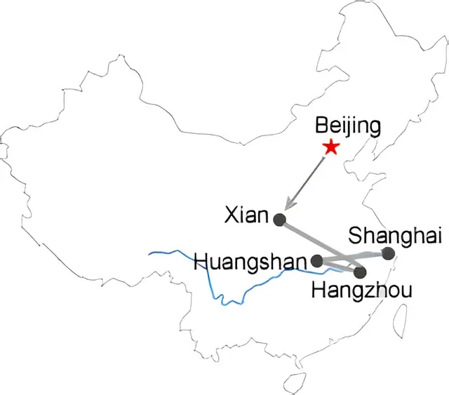 Beijing Xian Hangzhou Huangshan Shanghai 13 Days Tour Route overview