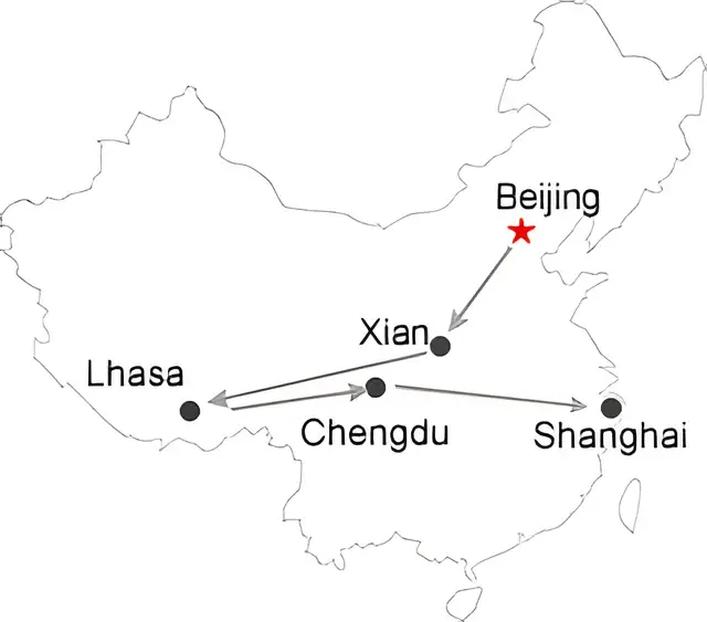 Beijing Xian Lhasa Chengdu Shanghai 16 Day Train Tour Route overview