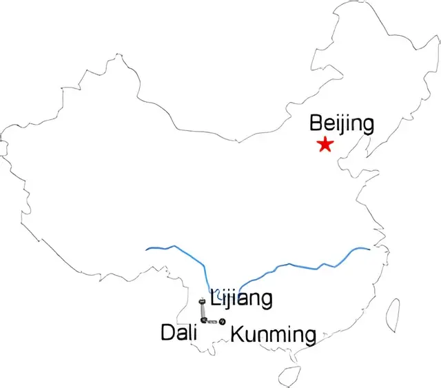 Beijing Lijiang Dali Kunming 8 Days Tour Route overview