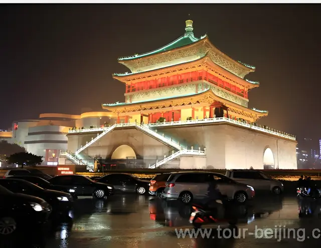 The lit-up Bell Tower at night