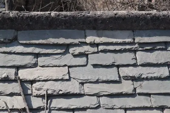 A close look at the stone sliced tiles on the roof.