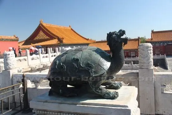 A huge mythical animal perched on the platform in front of Supreme Harmony