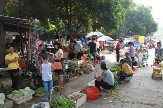 A vegetable and food market in the San Gu Village in the resort.