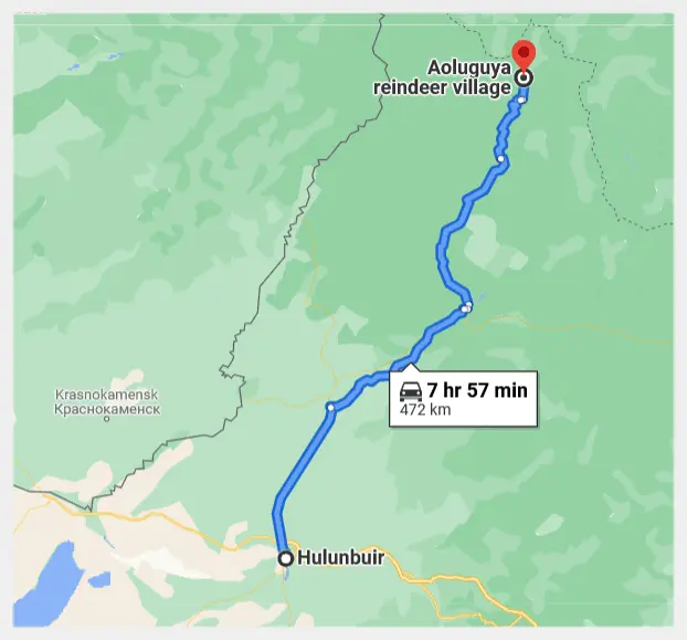 Aoluguya Reindeer Village about 472km north of Hulunbuir by road (Google)