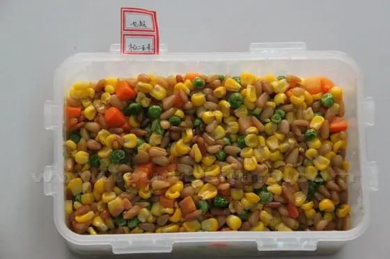 Assorted food made of corns, beans, carrots and Pine Nuts