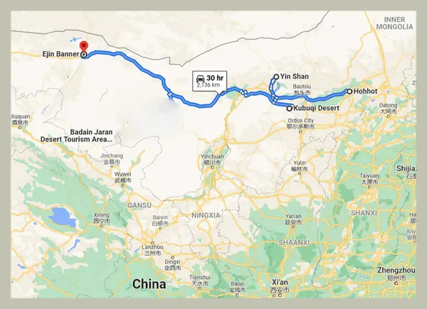 The 2000km round trip from Hohhot to Ejin Banner and back to Hohhot (Google)