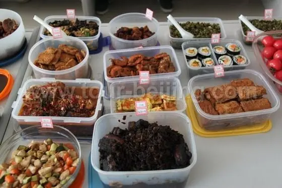 Fried hairtails, fried shrimps, red-sauced pork, fried fished, Moo Shu Pork , home sushi, bean fillings forlettuce wrappers.