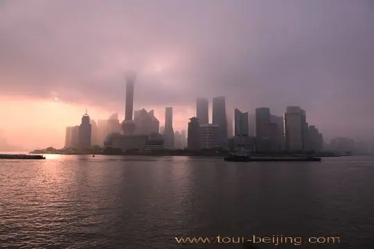 Foggy and Cloudy Pudong Skyline at Sunrise