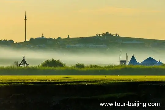 Thick Fog over the Grassland under the sunrise glow.
