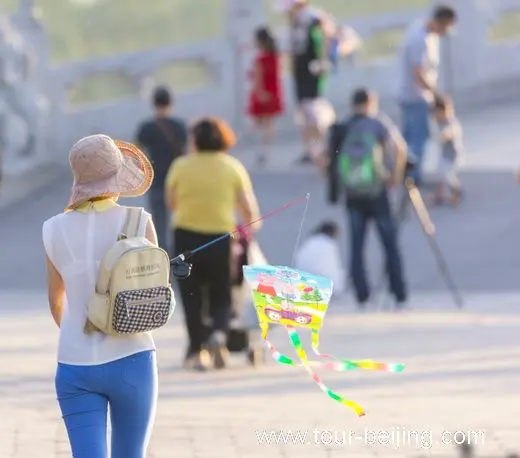 A girl with a colorful kite viewed from behind