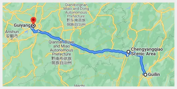 Now Guilin, Sanjiang and Guiyang are connected by bullet trains (Google Road Map)