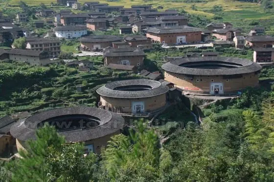 Have a close look at the group of Tulou buildings, circular or rectangular.