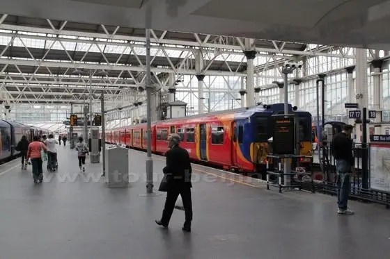 Inside the platform of Waterloo Railway Station in London