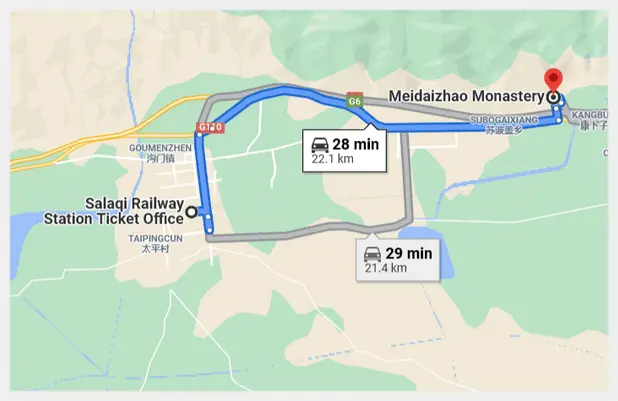 Salaqi Railway Station 22km away from Meidaizhao Temple ( Google)