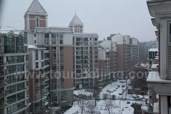 Snow in our housing area seen from window in the north