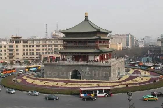 The Bell Tower is located in the center of Xian linked to four main avenues.