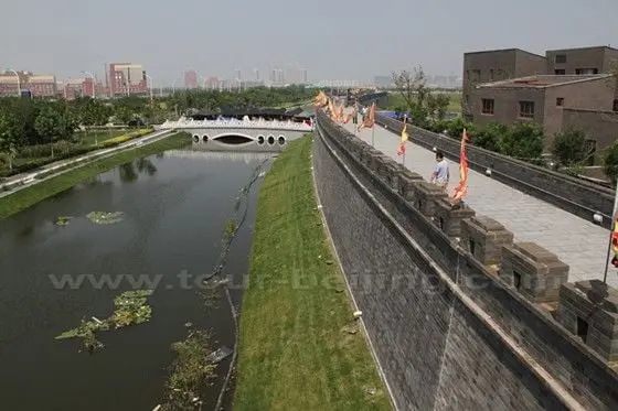 The city moat and the city wall surrounding the Beitang Ancient Town.