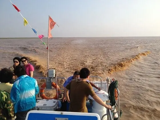 The fast going boat produces a great amount of yellow waves at its stern.