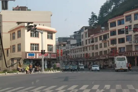 The only traffic light on the streets with clean and uniform store signs.