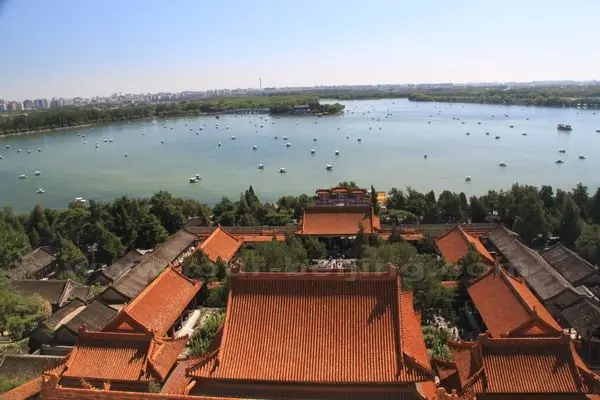 The panoramic view of Kunming Lake at Summer Palace from the base of the Tower of Buddhist Incense