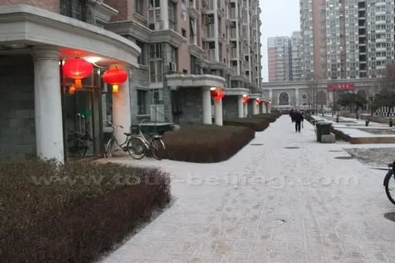 The stone pavement in front of our building is blanketed with a thin layer of snowfall