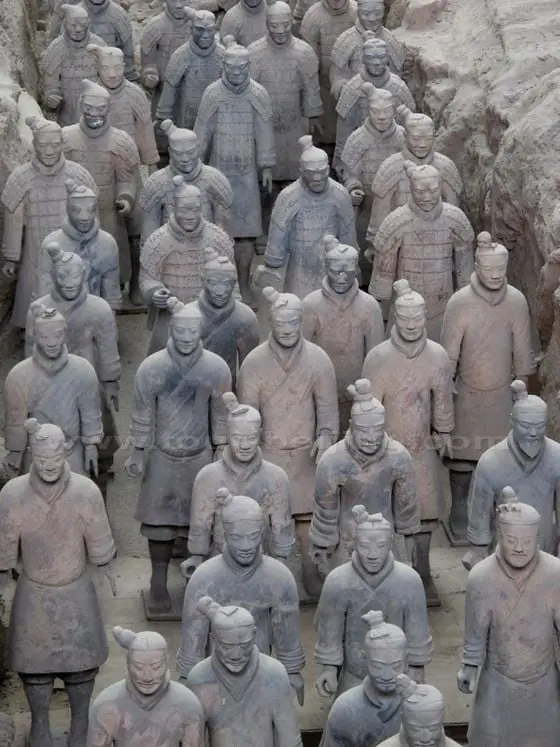 The terra-cotta soliders in military formation with unique facial expressions