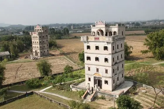 The two Diaolou Towers stand amid the paddy fields