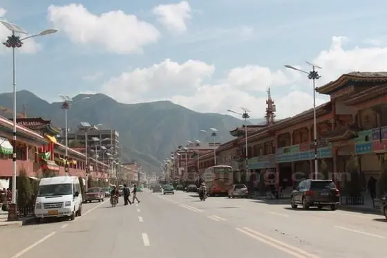 The wide street is rife with stores and restaurants.