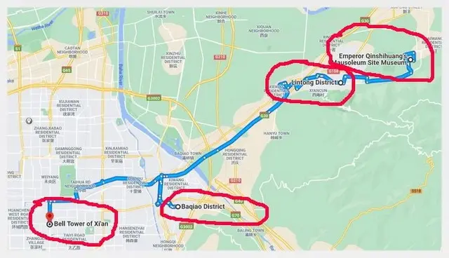 The villages that teems with Yaodong earth houses are located between Baqiao and Lintong (Google)