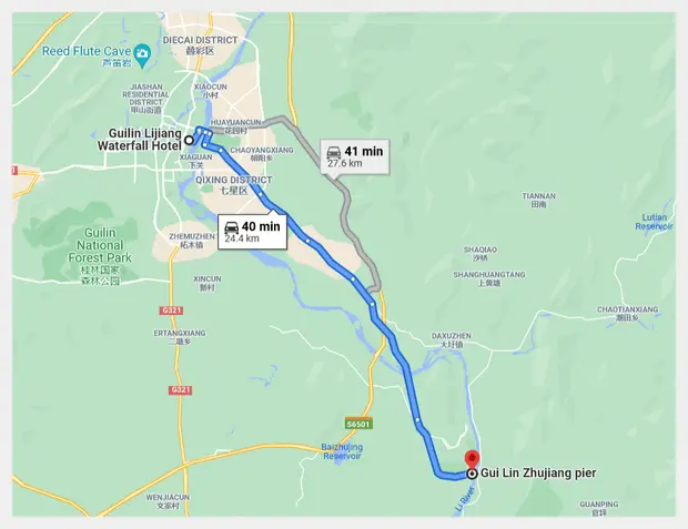 Zhujiang Pier is located about 25km to the southeast of Guilin city centre. (Google)
