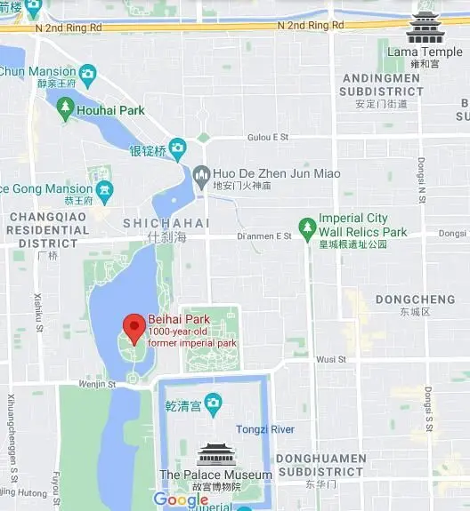 Beihai Park to the northwest of Forbidden City (Google)