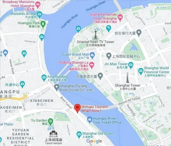 Major High Buildings and Attractions along Huangpu River, Shanghai (Credit: Google Map)