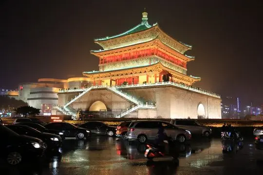 The lit-up Bell Tower at night