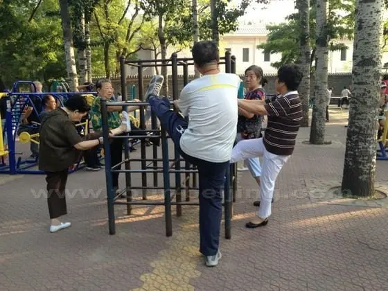 the local Beijingers and foreigners as well do morning exercises, stretching their bodies