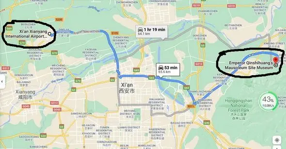About one hour by taxi from Xian airport to Terracotta Army (Google)